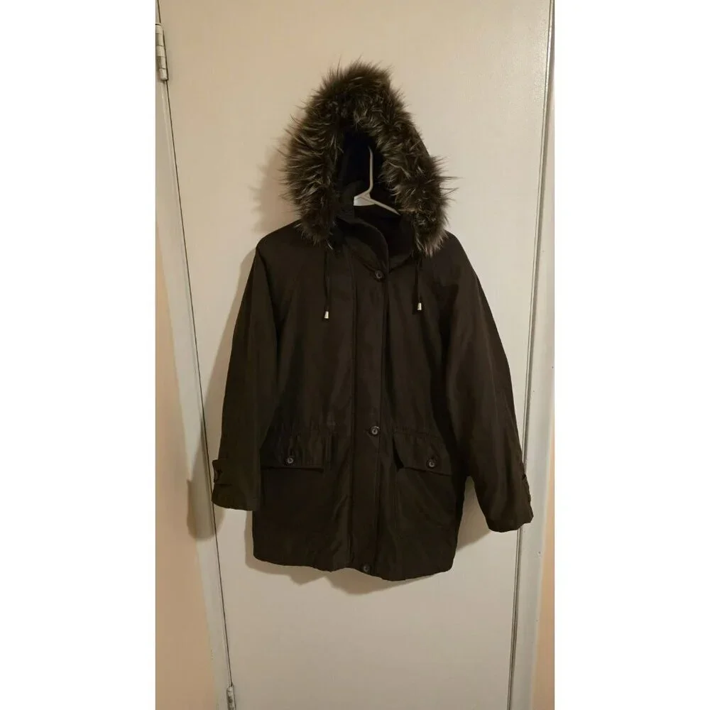 LONDON FOG Hooded Parka Jacket Womens Size Medium Brown Cottagecore Cabincore